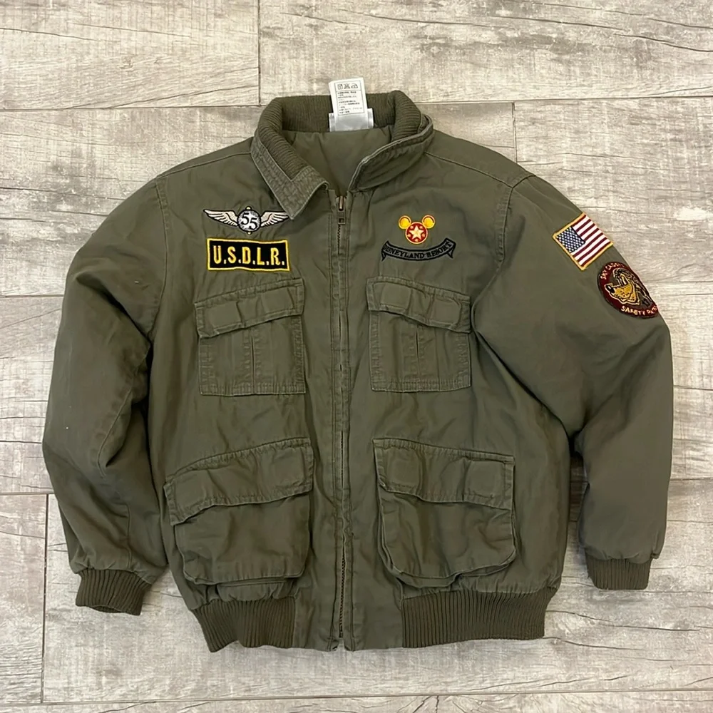 Disneyland Resort Mickey Mouse Sky‎ Leader Patch Bomber Jacket Olive Khaki Kid M